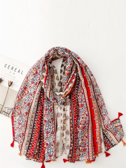 Women Ethnic Floral Colorblock Tassel Shawl Scarf AT1061