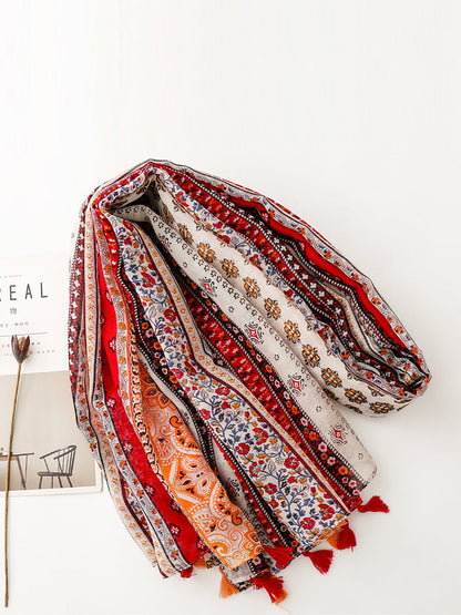 Women Ethnic Floral Colorblock Tassel Shawl Scarf AT1061