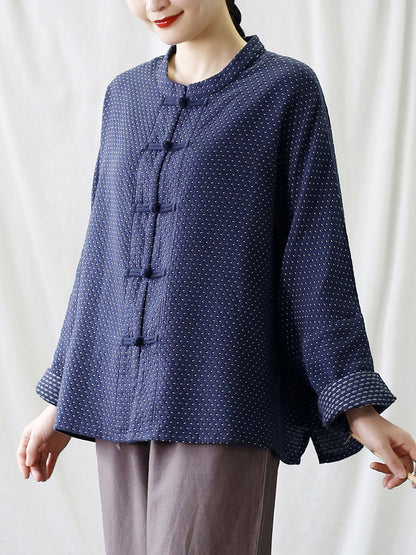 Women Autumn Vintage Dot Button Stand Collar Cotton Jacket AT1062