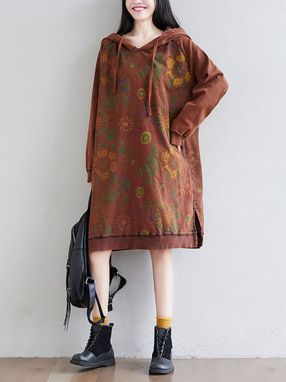 Women Autumn Artsy Flower Loose Hooded Cotton Dress AT1065