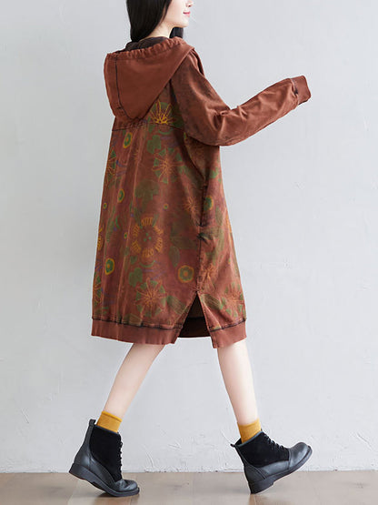 Women Autumn Artsy Flower Loose Hooded Cotton Dress AT1065