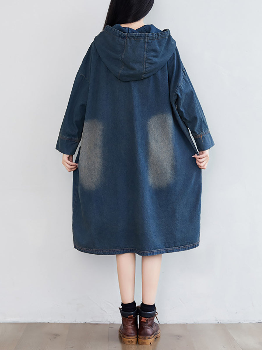 Women Vintage Washed Frayed Denim Hooded Dress AT1066