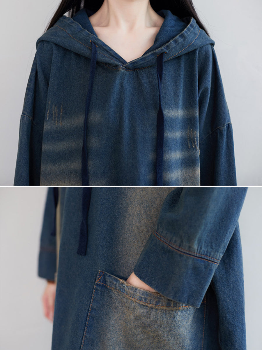 Women Vintage Washed Frayed Denim Hooded Dress AT1066