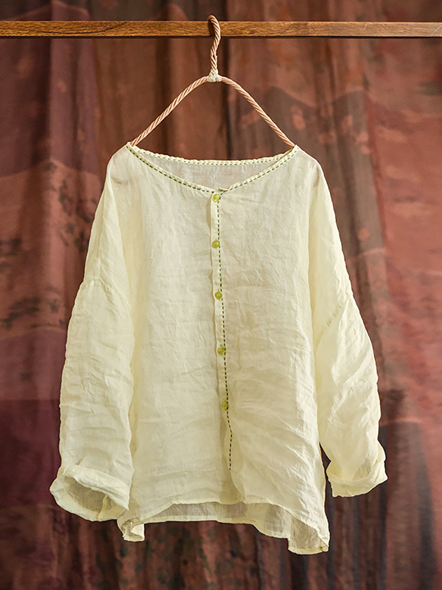 Women Summer Vintage Stitching Button Ramie Blouse AT1063