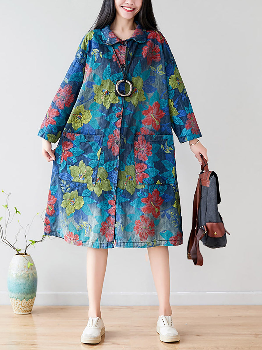 Women Autumn Artsy Flower Denim Pocket Coat AT1049