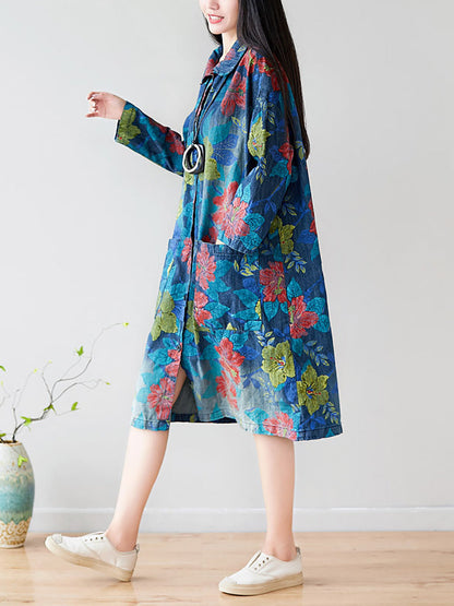 Women Autumn Artsy Flower Denim Pocket Coat AT1049