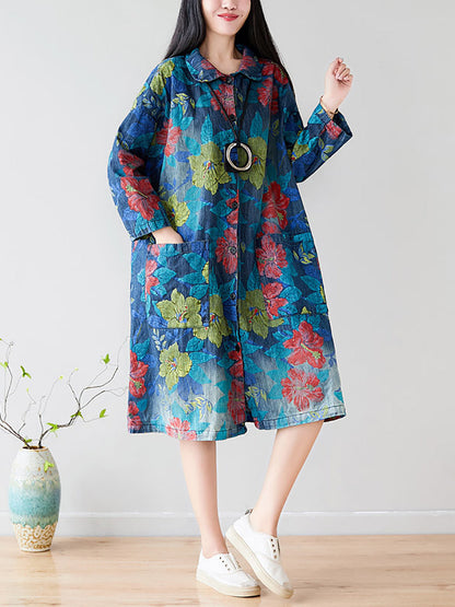 Women Autumn Artsy Flower Denim Pocket Coat AT1049