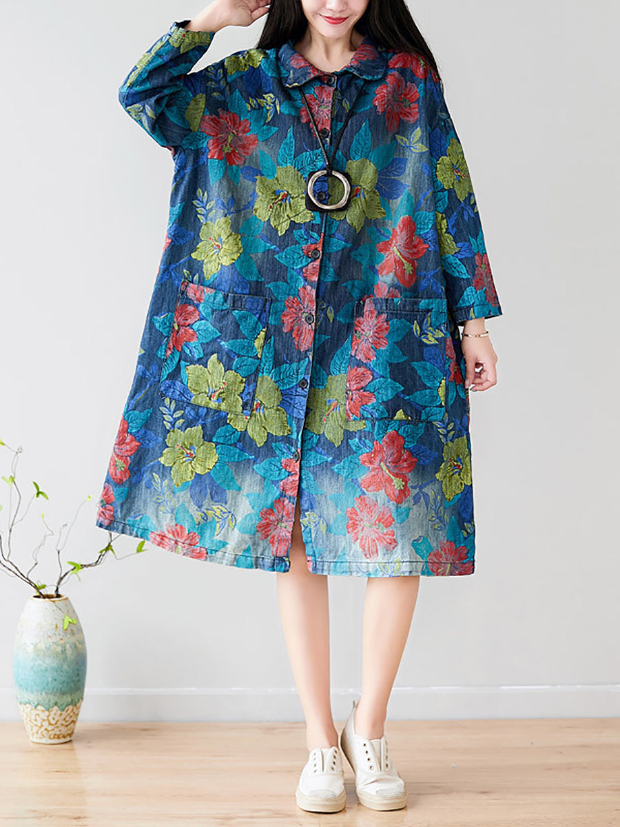 Women Autumn Artsy Flower Denim Pocket Coat AT1049