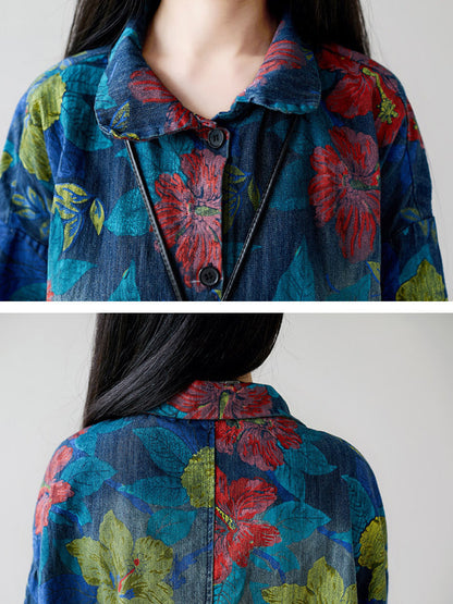 Women Autumn Artsy Flower Denim Pocket Coat AT1049