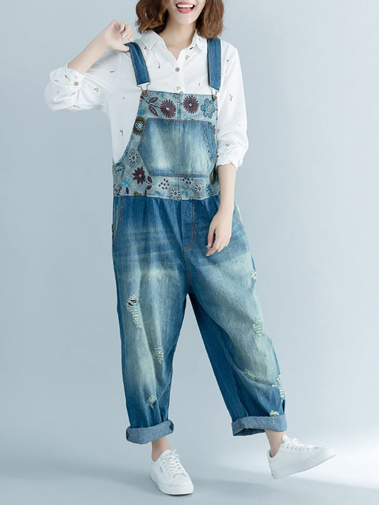 Damen Artsy Flower Gespleißter Denim Ausgefranster Jumpsuit AT1048