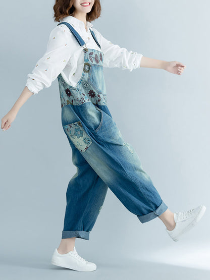 Women Artsy Flower Spliced Denim Frayed Jumpsuits AT1048