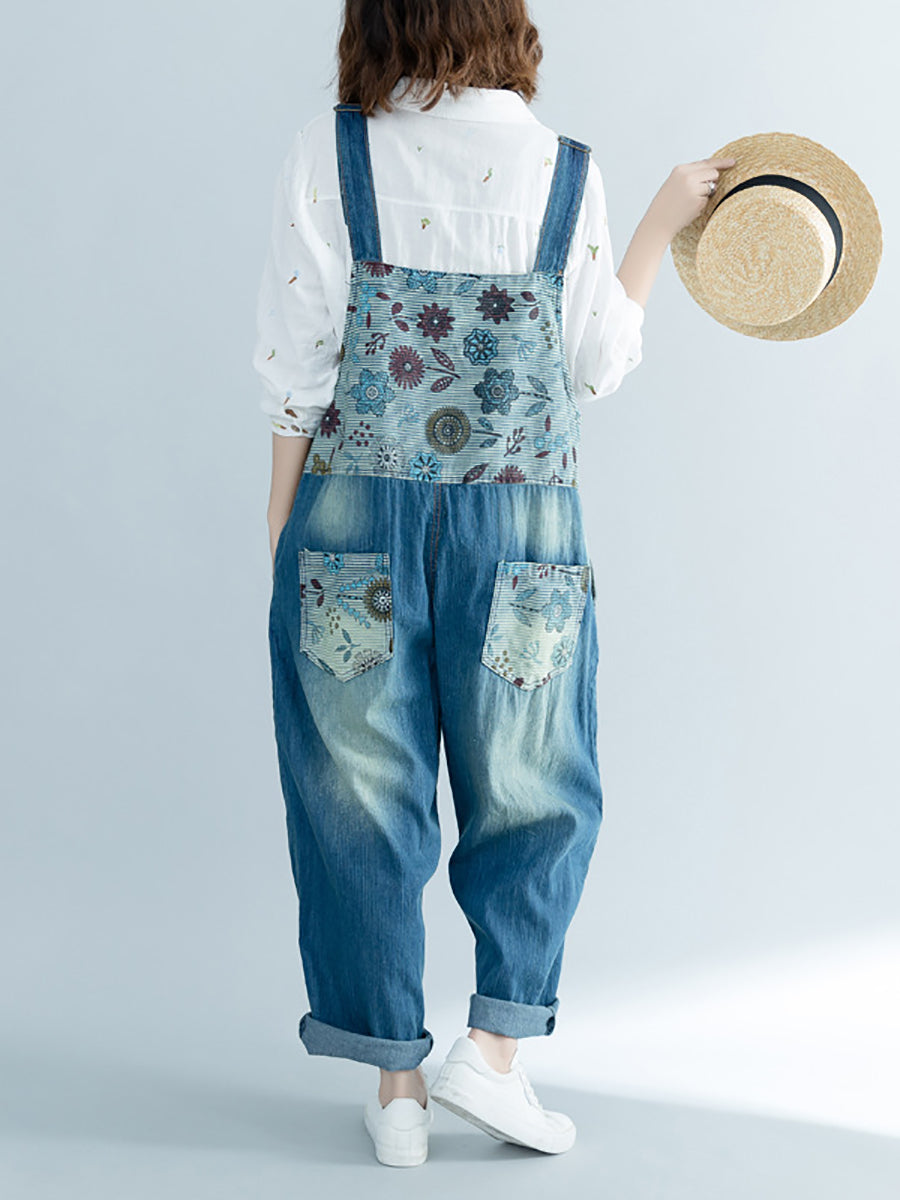 Damen Artsy Flower Gespleißter Denim Ausgefranster Jumpsuit AT1048