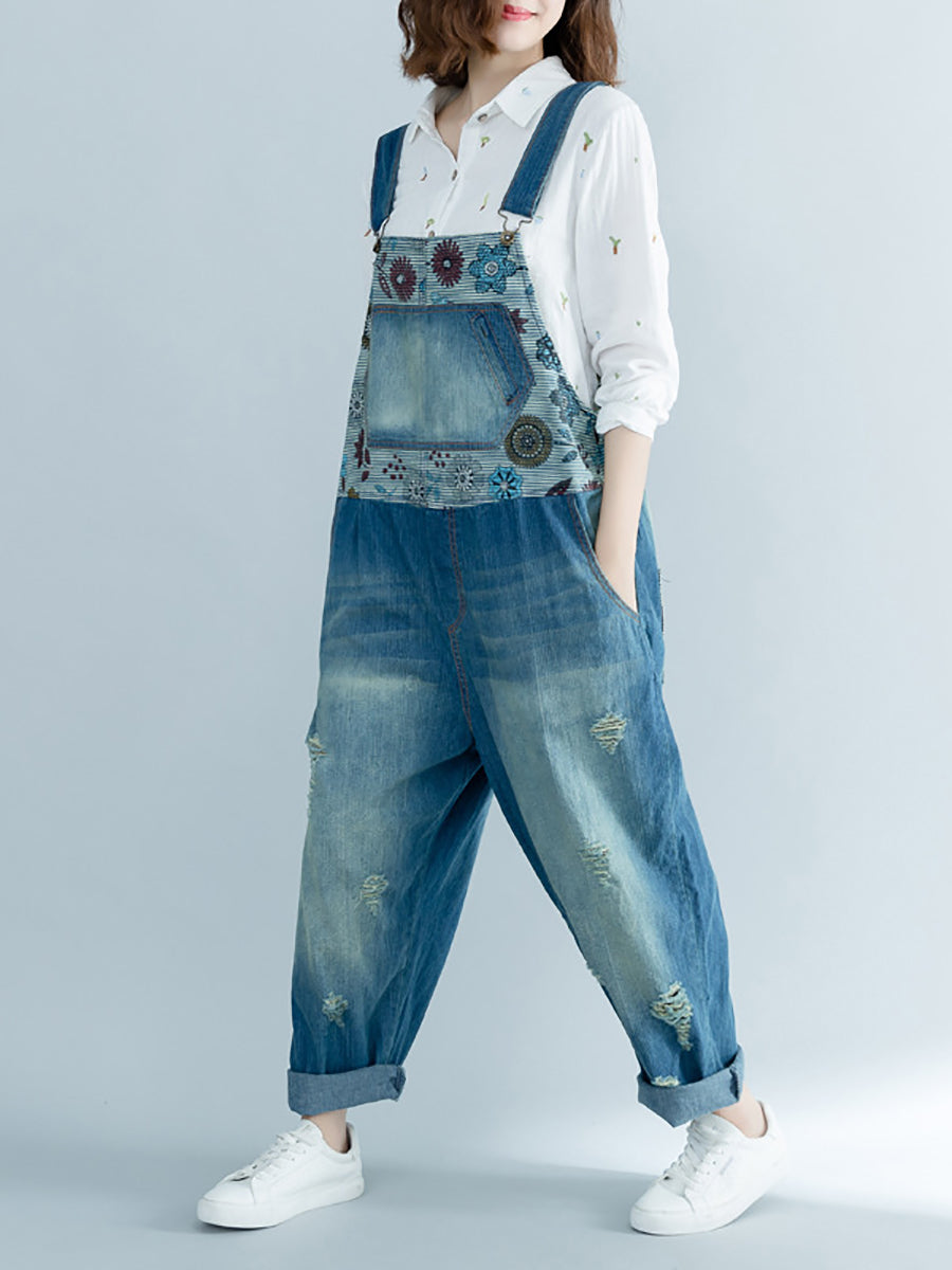 Damen Artsy Flower Gespleißter Denim Ausgefranster Jumpsuit AT1048