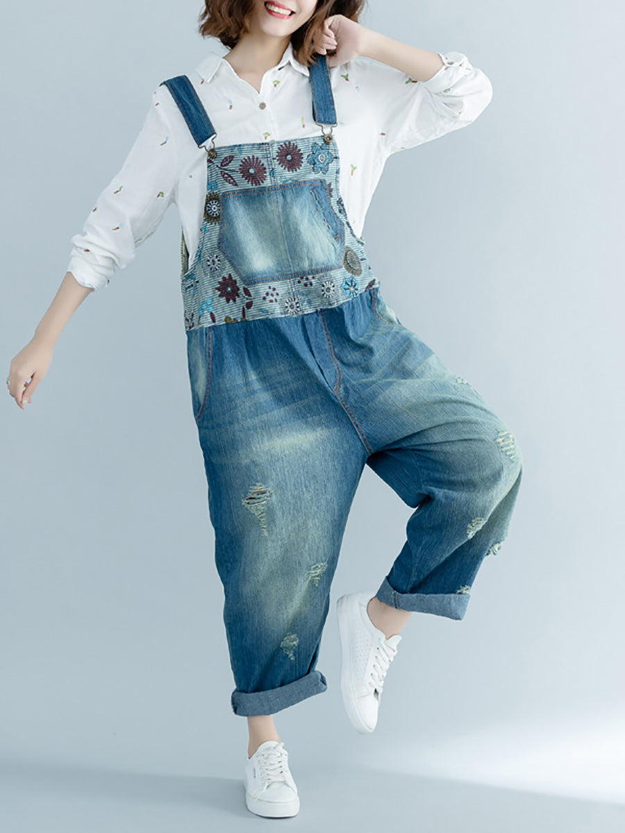 Damen Artsy Flower Gespleißter Denim Ausgefranster Jumpsuit AT1048