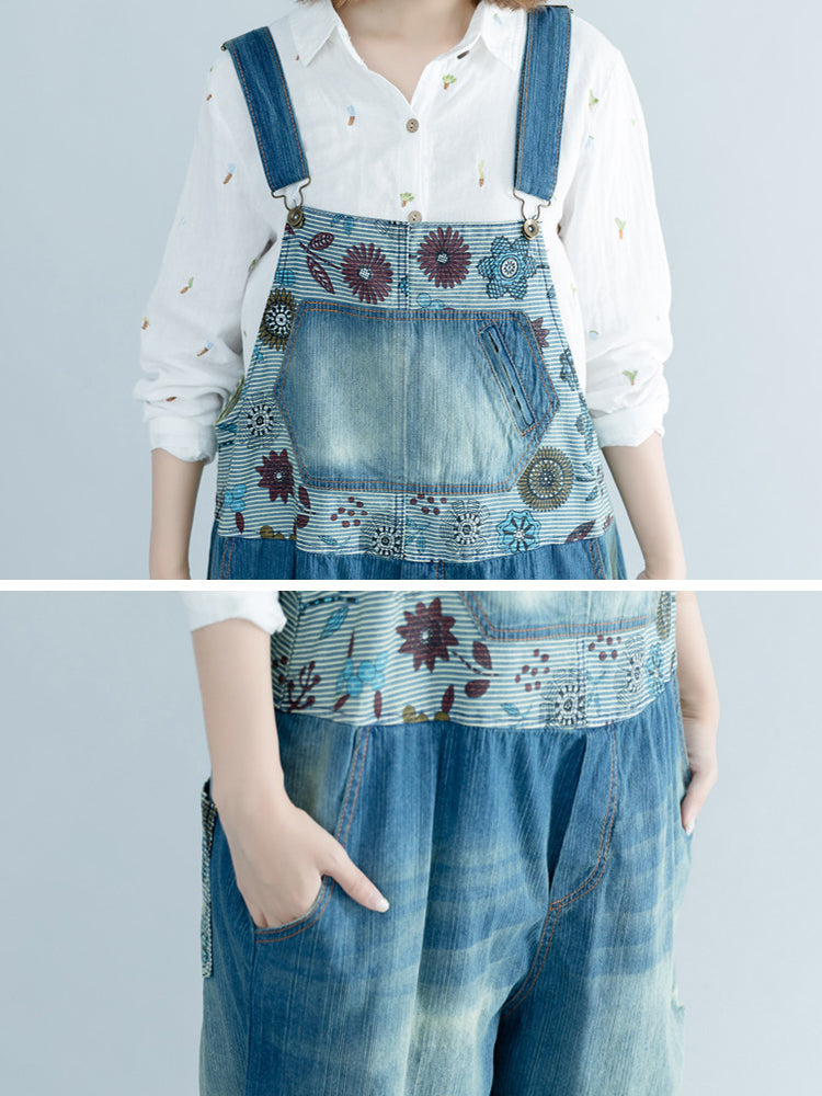 Damen Artsy Flower Gespleißter Denim Ausgefranster Jumpsuit AT1048