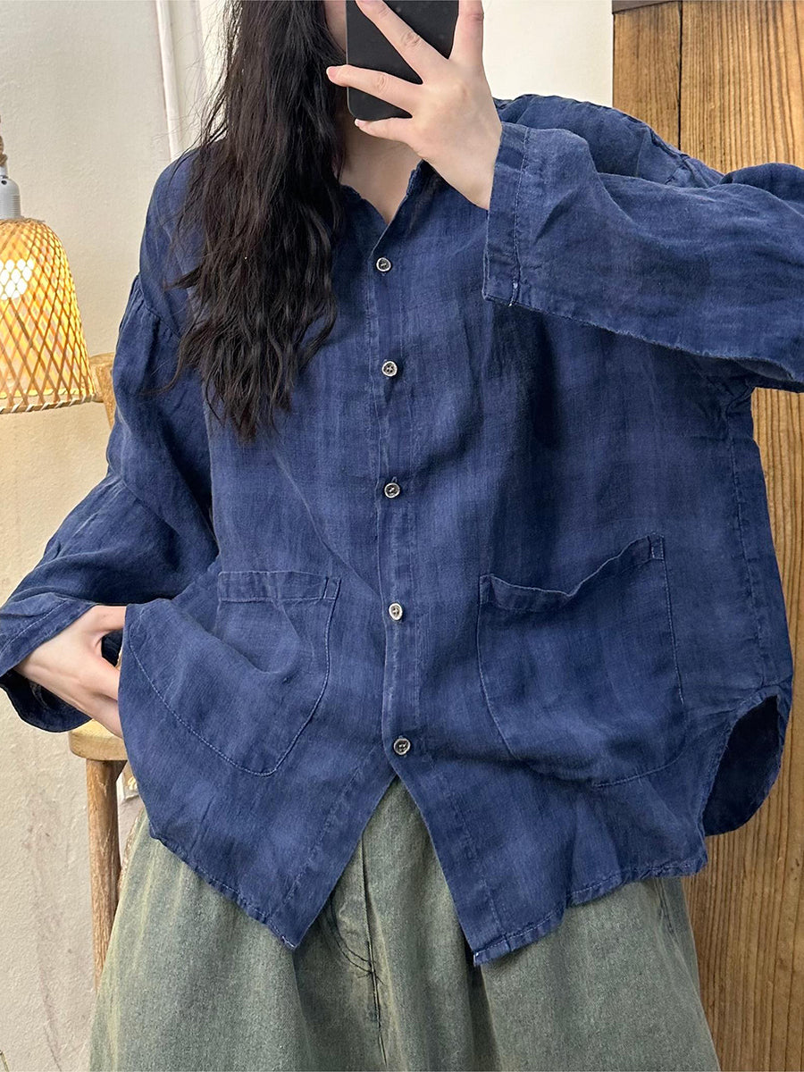 Women Autumn Vintage Plaid Turn-down Linen Blouse AT1052