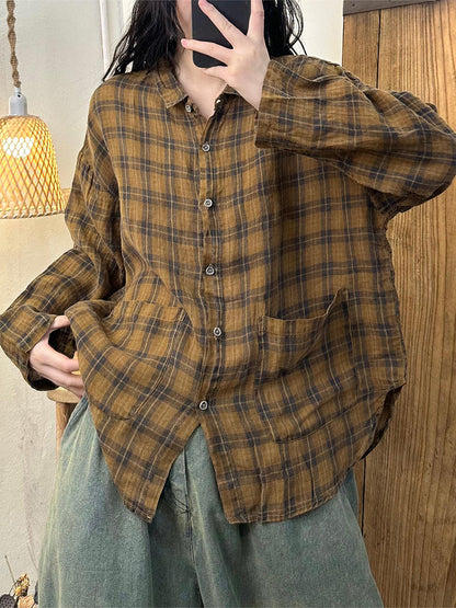 Women Autumn Vintage Plaid Turn-down Linen Blouse AT1052