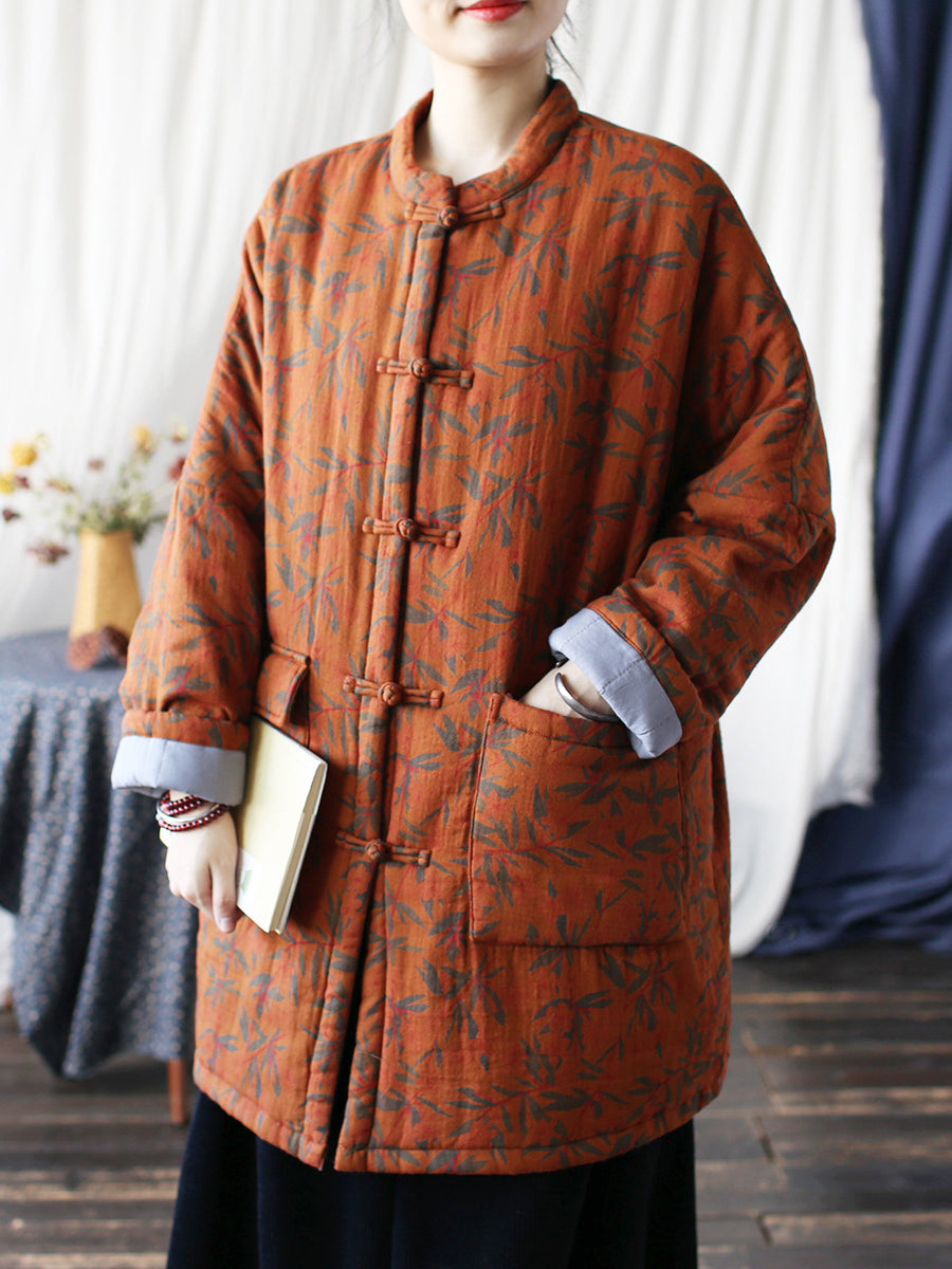 Women Autumn Vintage Leaf Print Cotton Long Coat AS1013