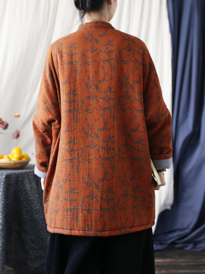 Women Autumn Vintage Leaf Print Cotton Long Coat AS1013