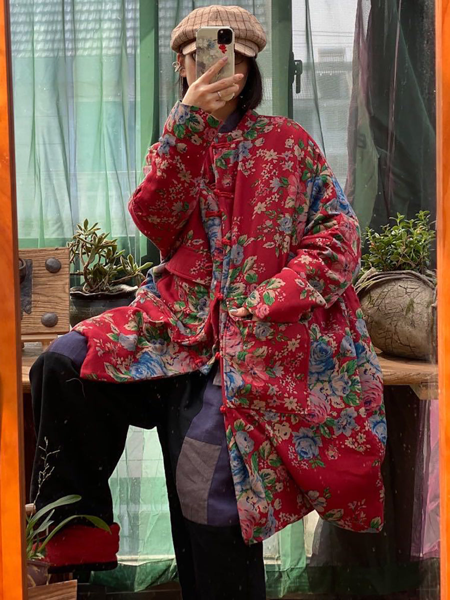 Women Winter Vintage Flower Pocket Button Cotton Coat AS1016