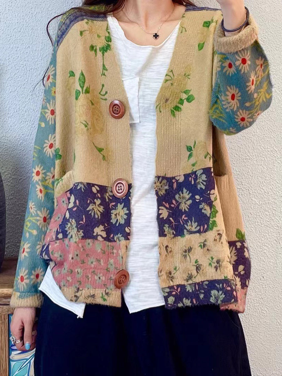 Pull cardigan en tricot à col en V et à imprimé floral pour femme, collection automne AT1047