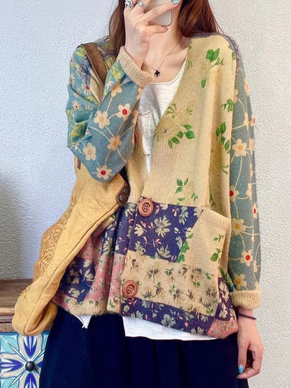 Women Autumn Floral Colorblock V-Neck Knit Cardigan Sweater AT1047