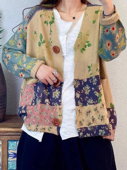 Women Autumn Floral Colorblock V-Neck Knit Cardigan Sweater AT1047