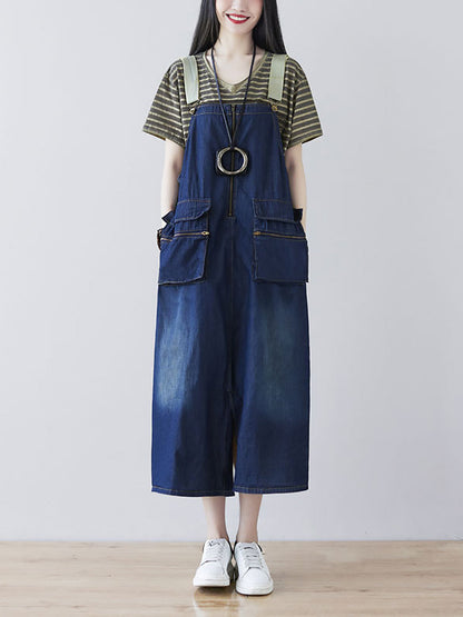 Women Casual Vintage Washed Denim Wide-leg Jumpsuits AT1041