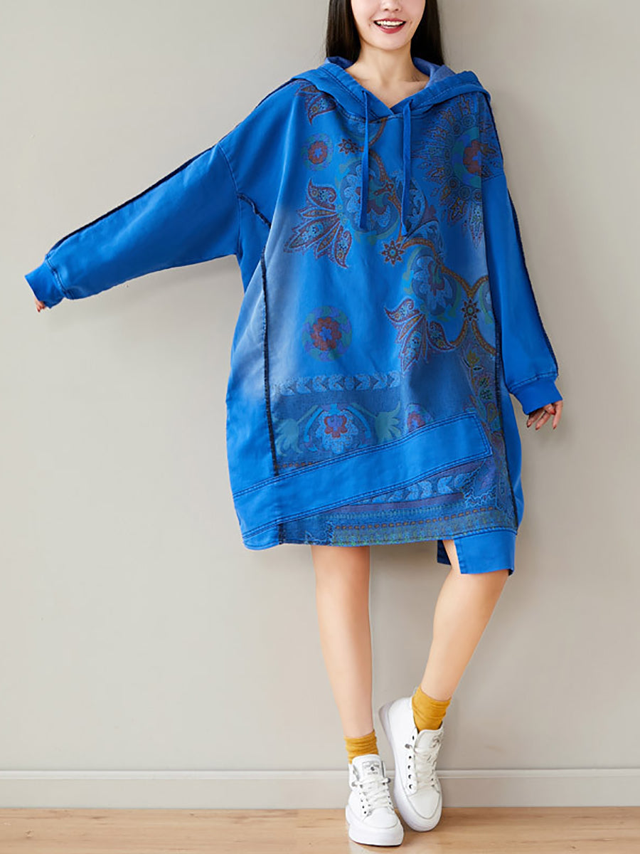 Women Autumn Casual Flower Spliced Hem Hooded Dress AT1021