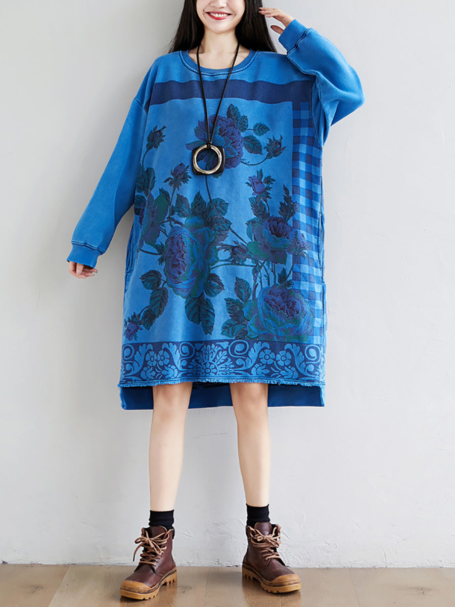 Women Autumn Casual Flower Knee Length O-Neck Dress AT1020