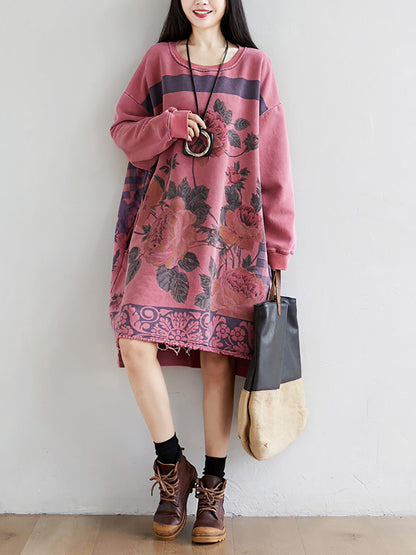 Women Autumn Casual Flower Knee Length O-Neck Dress AT1020