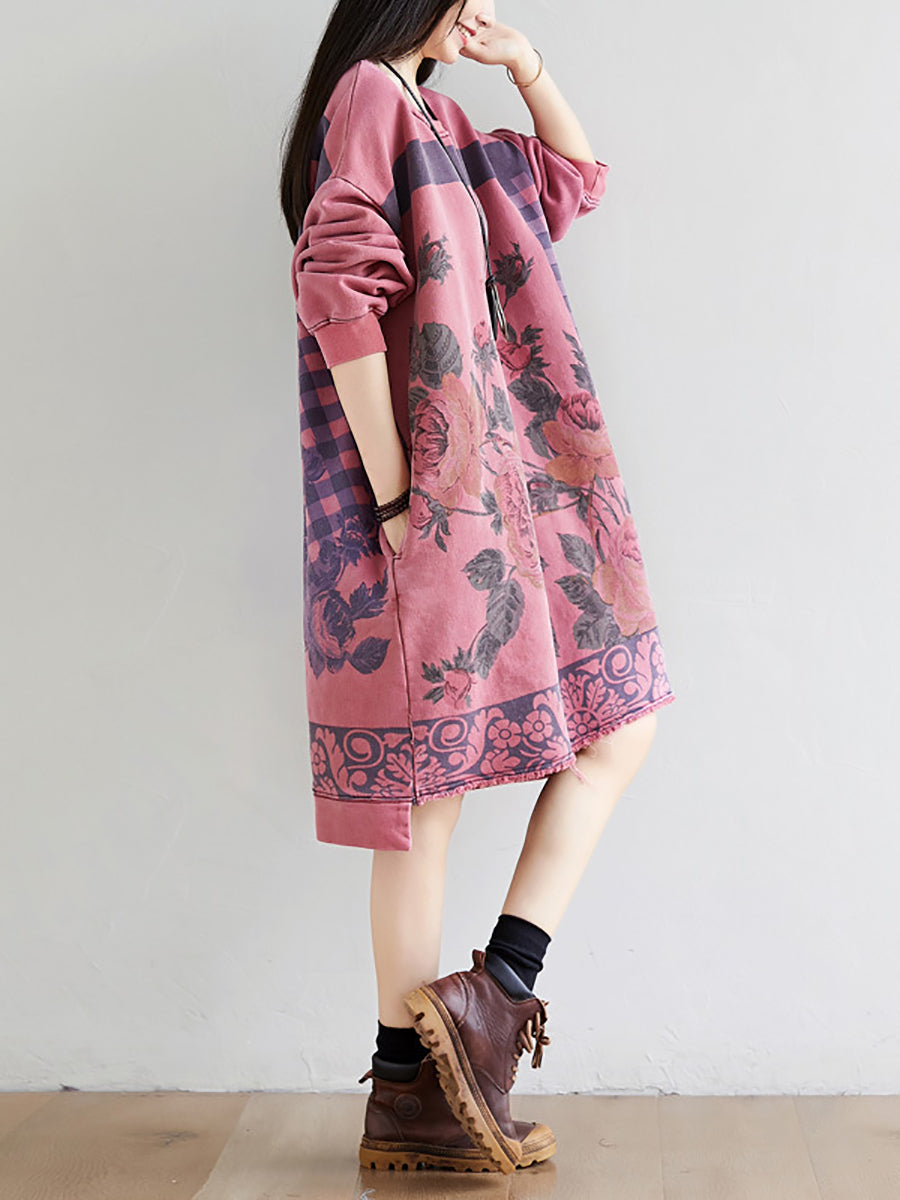 Women Autumn Casual Flower Knee Length O-Neck Dress AT1020