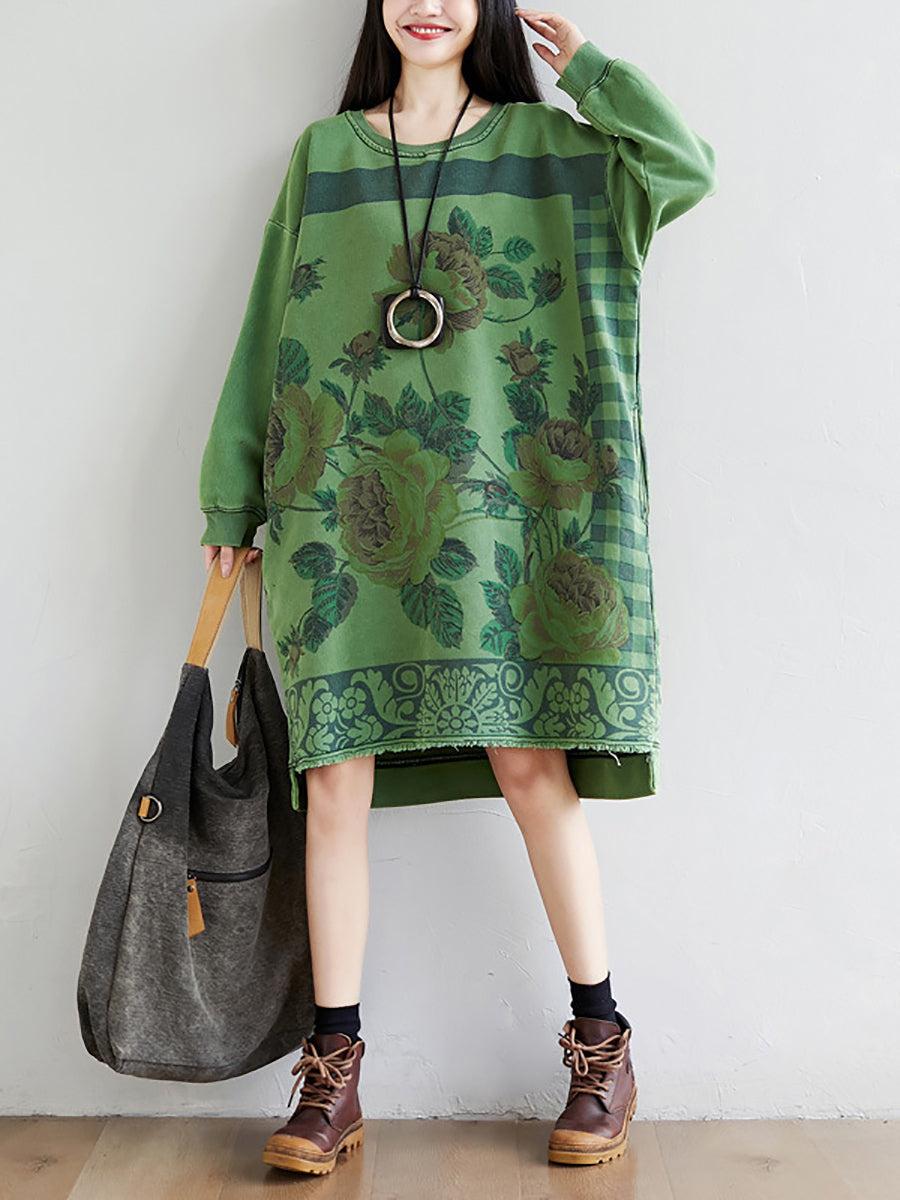 Women Autumn Casual Flower Knee Length O-Neck Dress AT1020