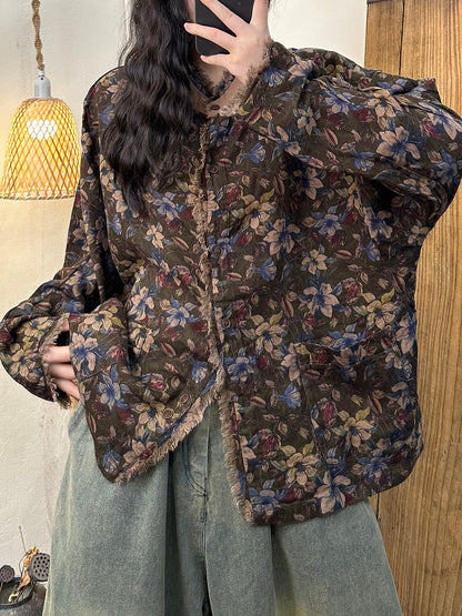 Women Autumn Flower Raw-edge Spliced Cotton Shirt AT1023