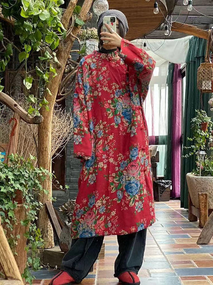 Women Ethnic Red Flower Slant Closure Cotton Padded Coat AI1015