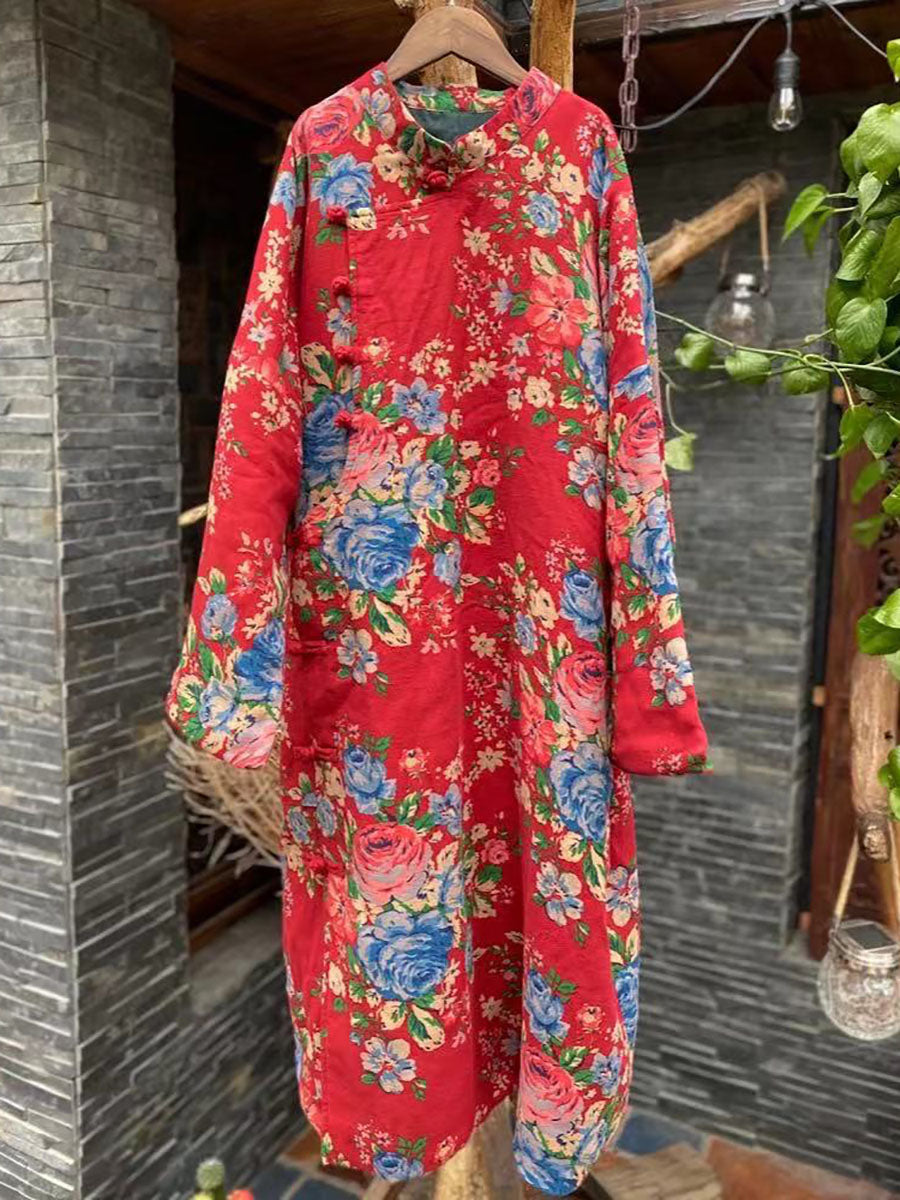 Women Ethnic Red Flower Slant Closure Cotton Padded Coat AI1015