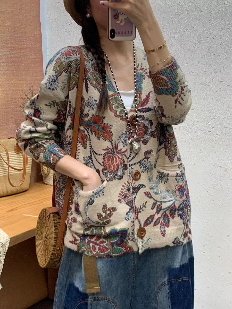 Women Autumn Flower Pocket V-Neck Knit Cardigan Sweater AI1056