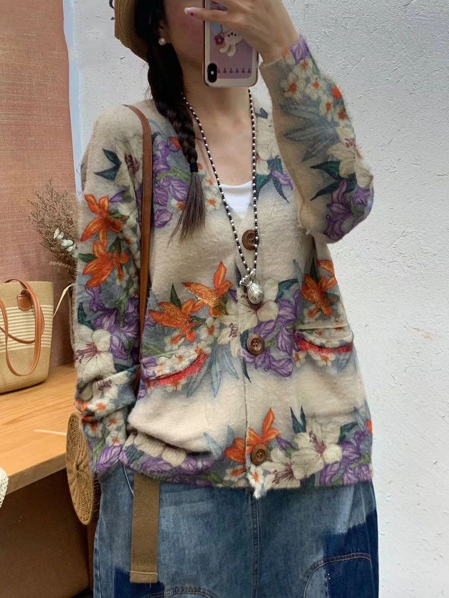 Women Autumn Flower Pocket V-Neck Knit Cardigan Sweater AI1056