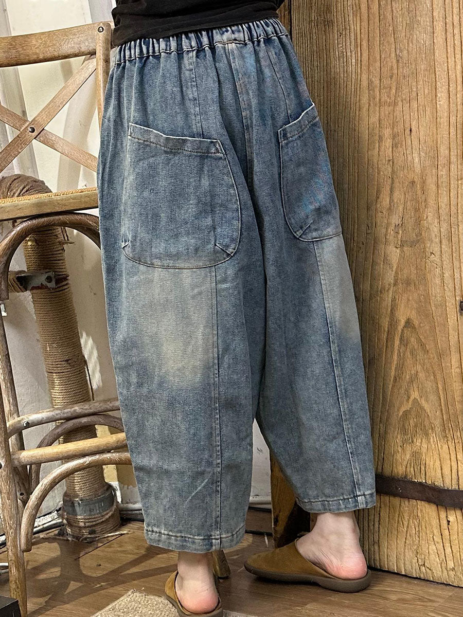 Women Casual Pockets Spliced Washed Denim Harem Pants AI1024