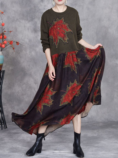 Women Autumn Maple Leaf Irregular Hem O-Neck Loose Dress AI1054