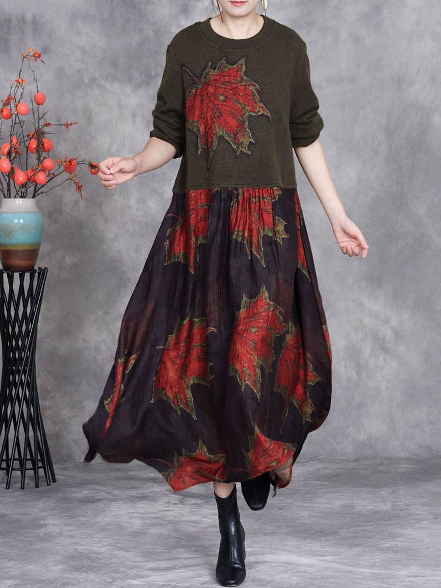 Women Autumn Maple Leaf Irregular Hem O-Neck Loose Dress AI1054