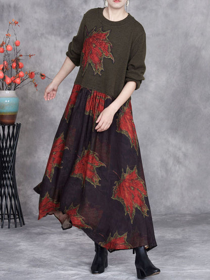 Women Autumn Maple Leaf Irregular Hem O-Neck Loose Dress AI1054