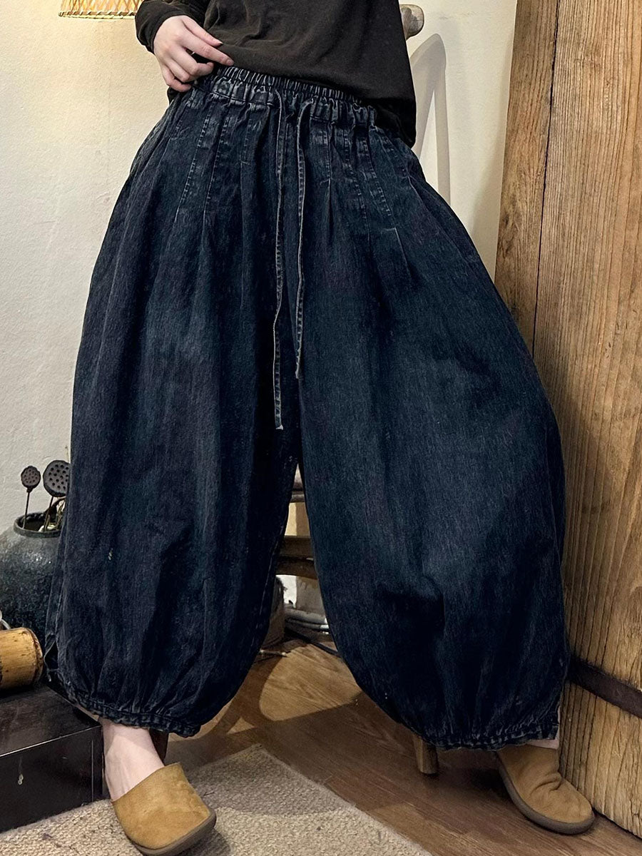 Women Autumn Vintage Solid Strap Loose Denim Bloomers AI1029