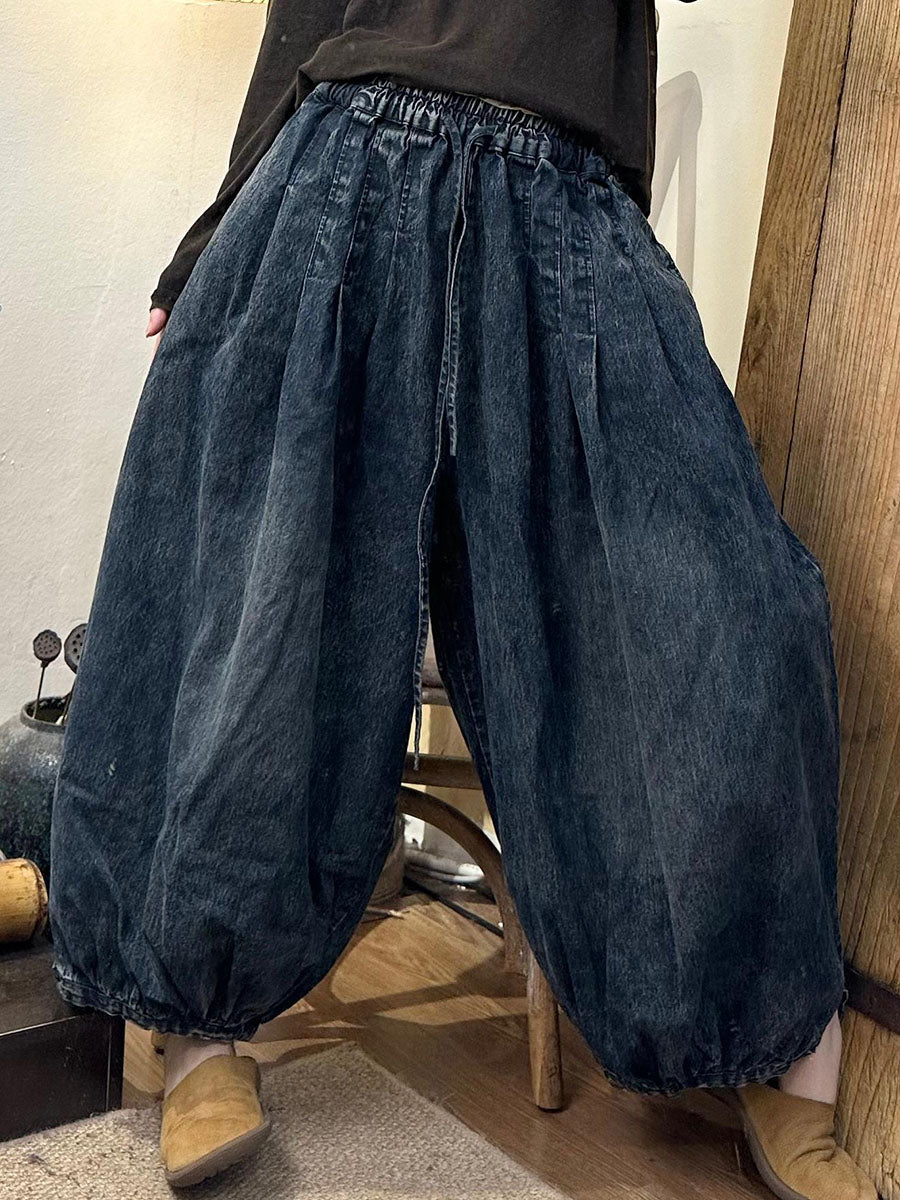 Women Autumn Vintage Solid Strap Loose Denim Bloomers AI1029