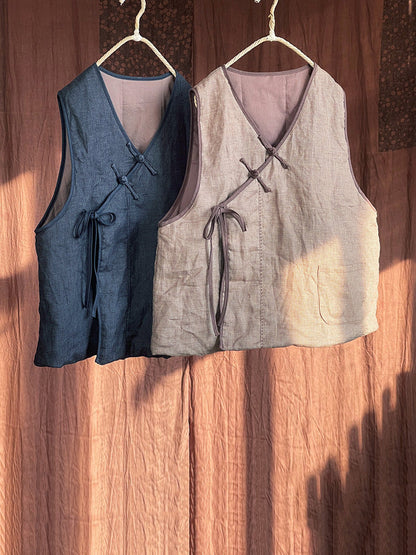 Women Autumn Ethnic Solid Strap V-Neck Linen Vest AI1058