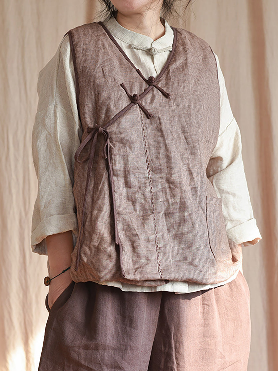 Women Autumn Ethnic Solid Strap V-Neck Linen Vest AI1058