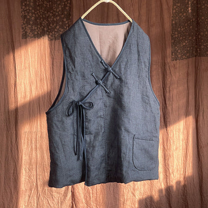 Women Autumn Ethnic Solid Strap V-Neck Linen Vest AI1058