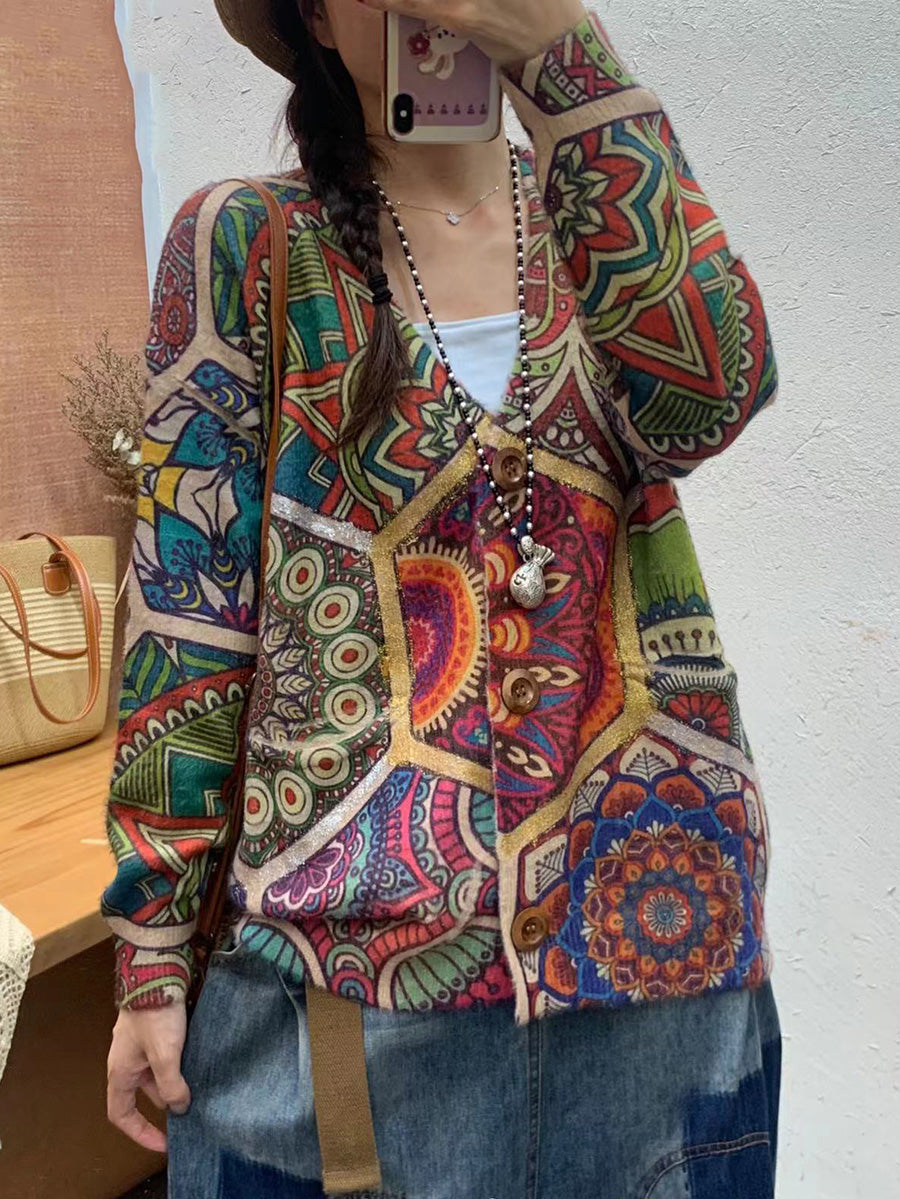 Women Autumn Flower Spliced V-Neck Knit Cardigan Sweater AI1055