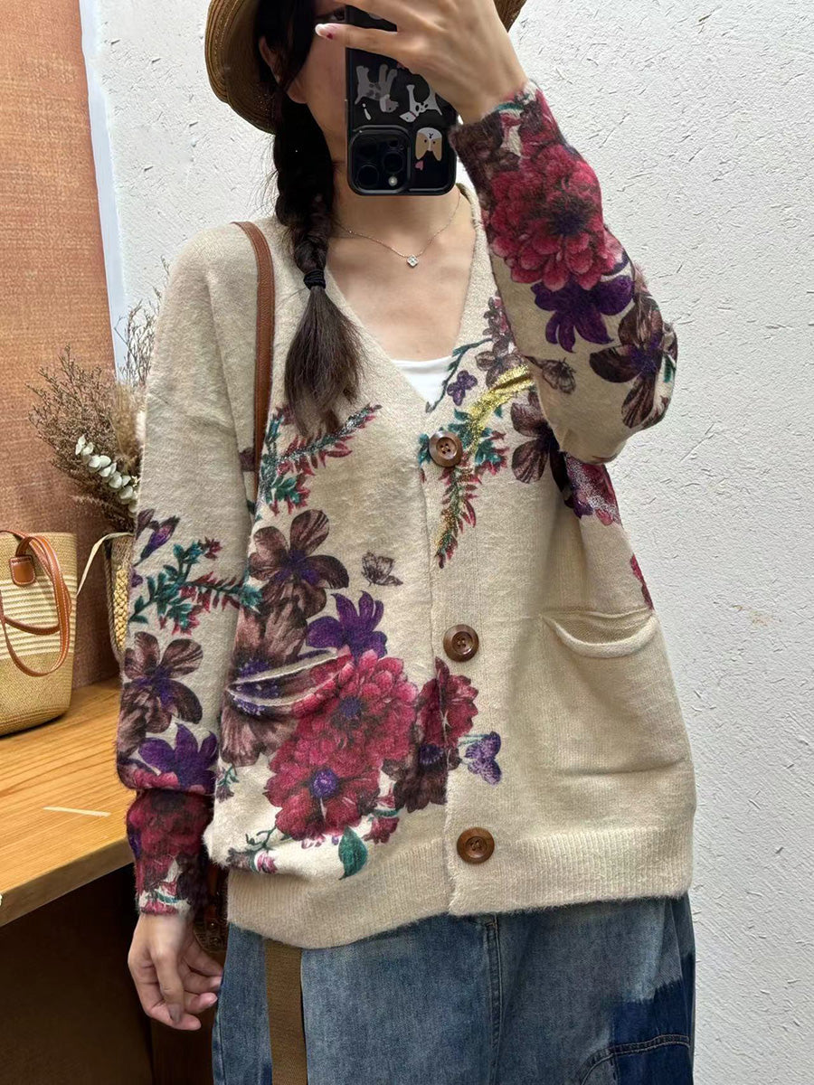 Women Autumn Vintage Flower V-Neck Knit Cardigan Sweater AI1035