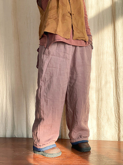 Women Winter Rero Solid Linen Pocket Harem Pants AT1096